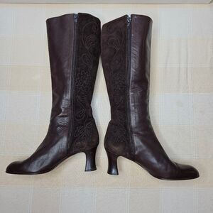 Brunella Brown Tuscan Leather Floral Embroidered Suede Side Zip Heeled Boots